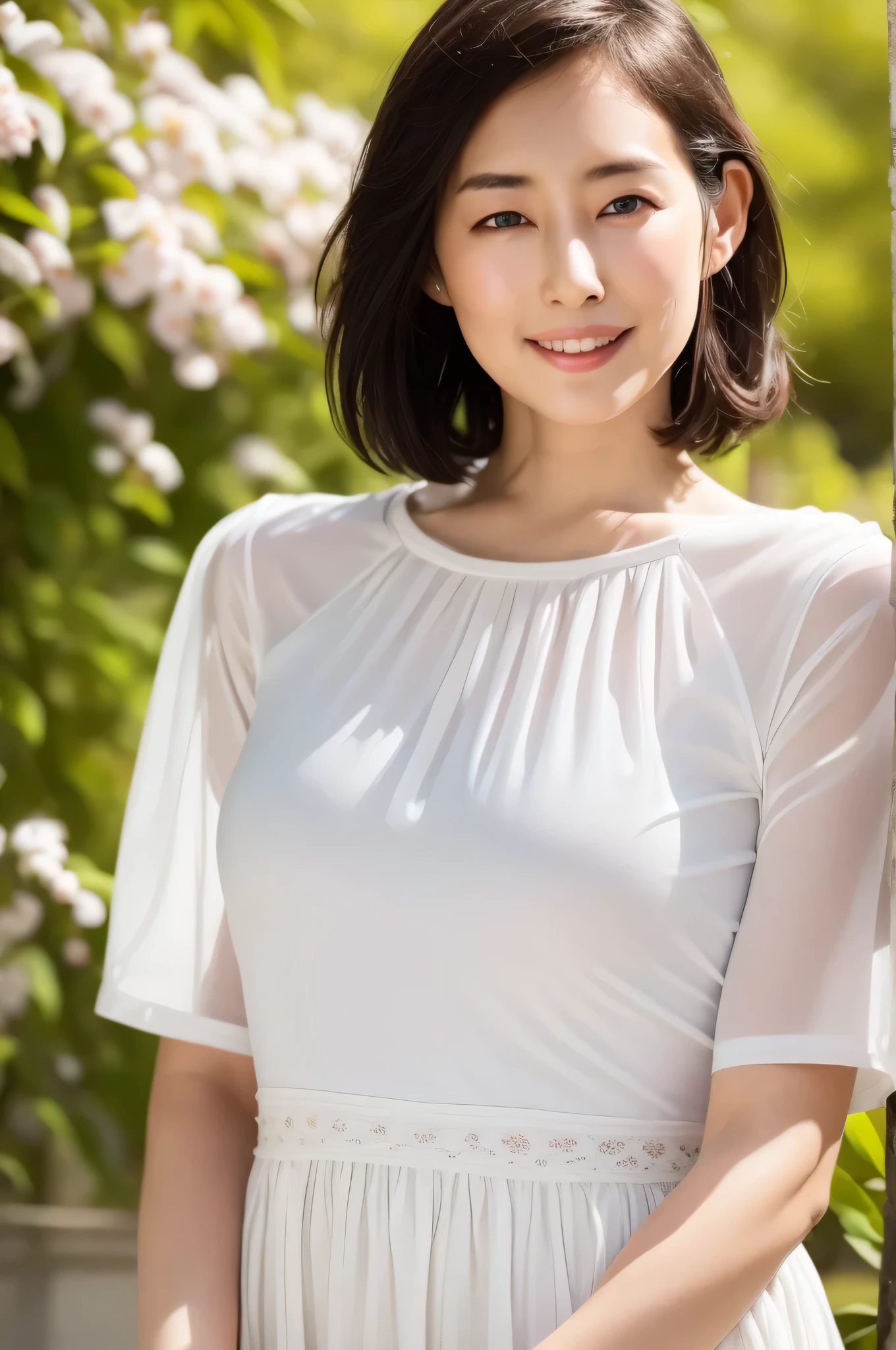 Short hair outdoor fair skin disheveled hair open mouth white tears, Japan woman, super cute, soft and face, brown hair, 8K resolution, ultra realistic, super definition, soft body toned buttocks night, ((highest definition, 8k, masterpiece: 1.3)), super definition face, ultra-fine lips, fine eyes, double eyelids, short short sleeves, wide open chest, well-shaped upward bust, angle from the side, sideways, buttocks sticking out, chest, big, Polo shirt with thin and tight fabric, hot cheeks, 24 years old, cute smile