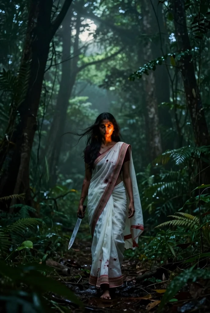 (jungle ambience) (horror dark effect) (full body) a beautiful indian beautiful teen ghost girl wearing sleeveless white blood stained saree, (big but covered) sitting on a tree branch, scary bloody face, cruel smiling expression, , detailed face, detailed eyes, detailed lips, 8k, high quality, ultra-detailed, realistic, photorealistic, physically-based rendering, vivid colors, horror, dark fantasy, moody lighting, dramatic lighting