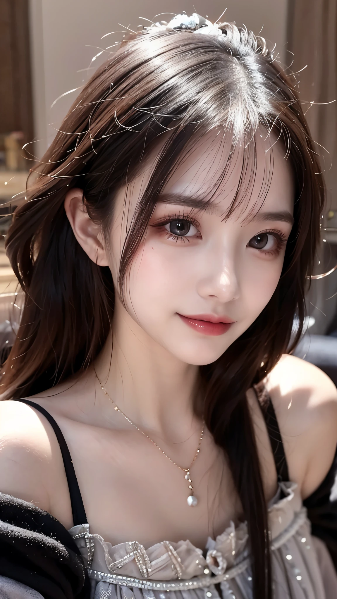 masutepiece, Best Quality, Illustration, Ultra-detailed, finely detail, hight resolution, 8K Wallpaper, Perfect dynamic composition, Beautiful detailed eyes, black long sleeve knit dress,Straight hair,Small natural color lip, Randomly poses,Smile,Harajuku、20 years girl、Cute、 shot looking at camera,Perfect and beautiful face