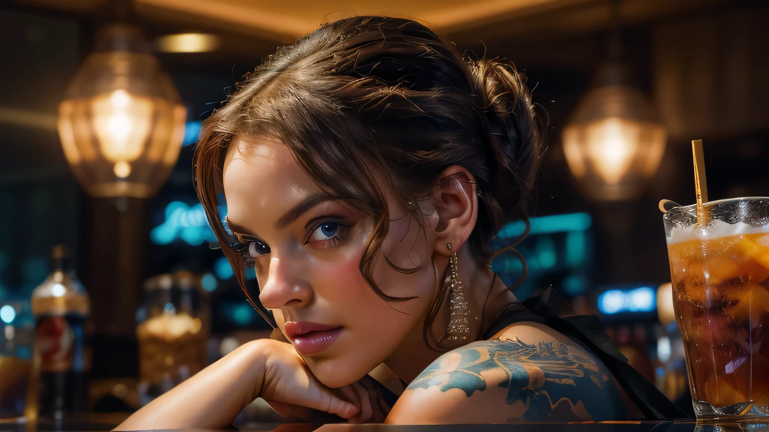 techno music, house music, dancing girls, DJ girl, headphone, realistic, high res, tank top, tattoos, piercing, brads, live music, class, Nightclub DJ, Dancing Inspired, Looking at Camera, Wide shooting, cinema lens, skin glowing,