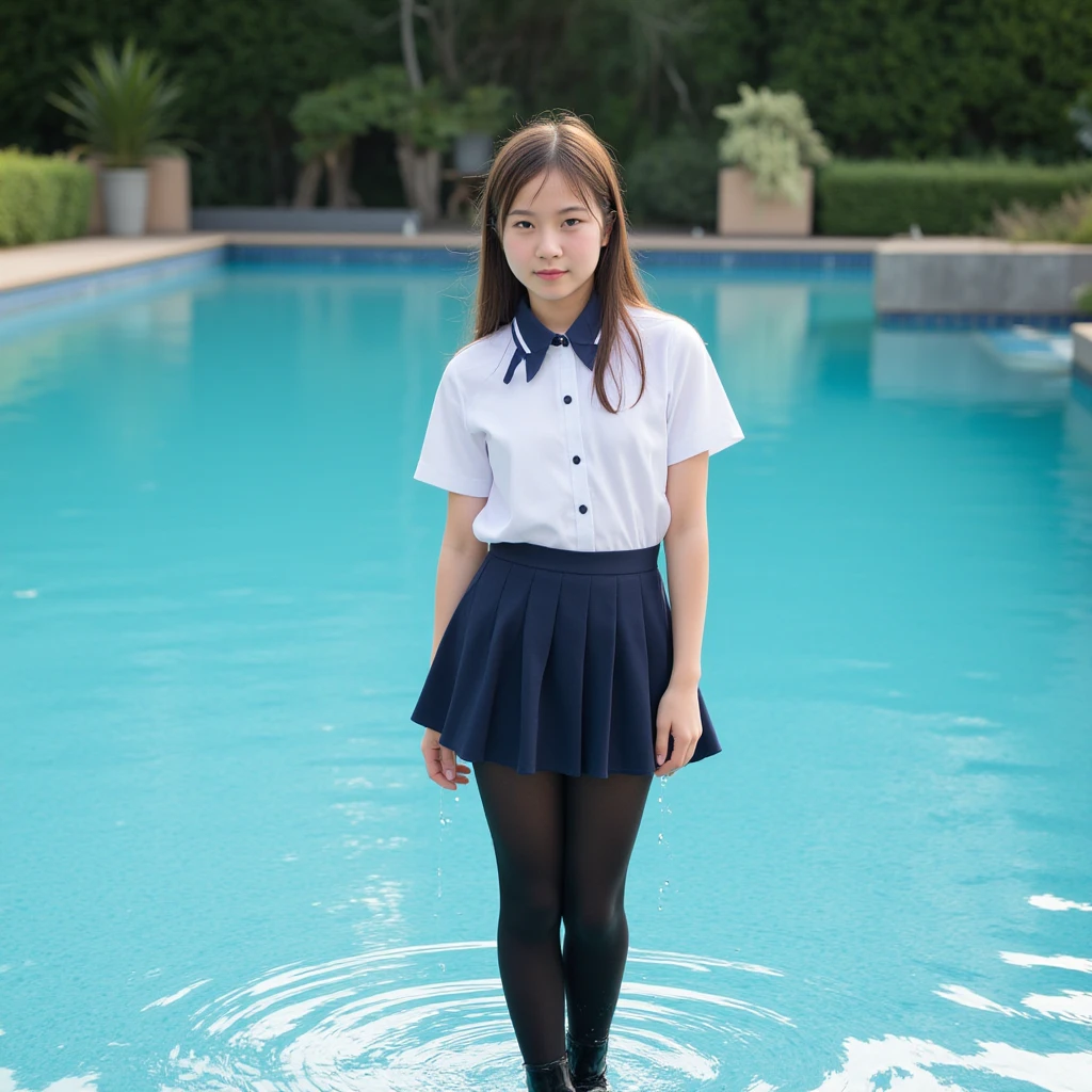 The empty school poolside、Japanese high school girls、one piece、Standing barefoot、Long black hair、Cute face、Smiling、Full body portrait