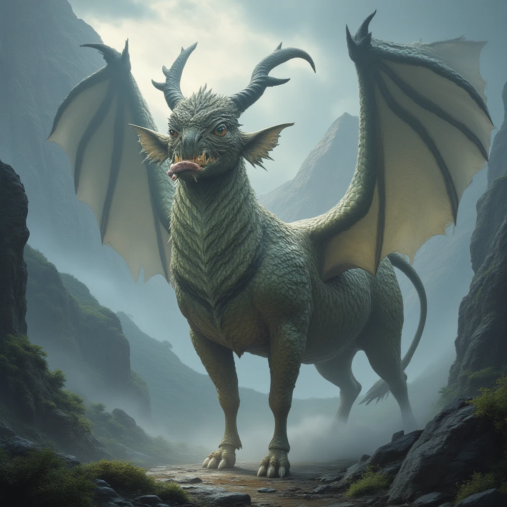 A Creature created by Cat and Bat, lizard head, full body, Flying, hairy form head to tail, dangerous. long neck, claws, fangs. speed. glowing wings, leopard shaped arms and legs

