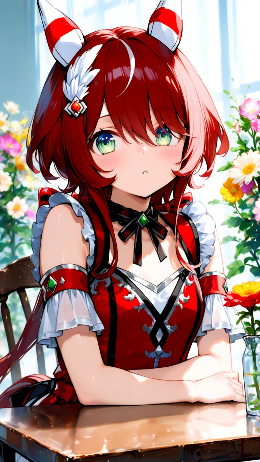 Princesa das trevas com os olhos de sangue, red hair, crown, blushing while looking at the viewer, holding a flower to the viewer, anime style, lens flare, high detail, first-person view, cinematic lighting, masterpiece, super detail, best quality, 8k, UHD