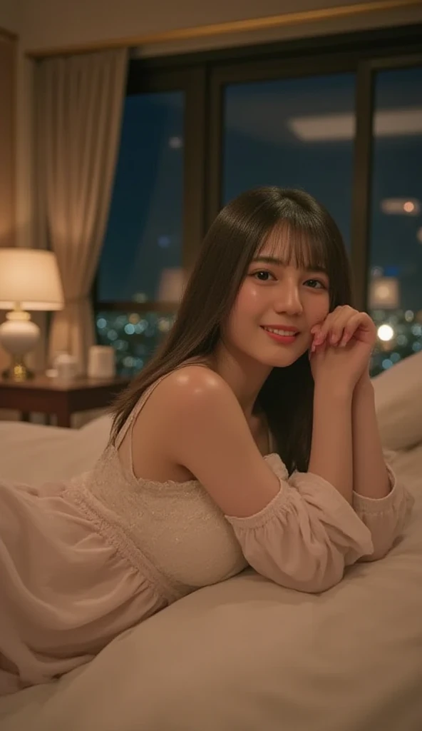 A 20-year-old woman with a cute face who looks as young as a 15-year-old idol　Gentle and cute　Laugh gently　Height: 155cm　Wearing a  with her  showing through　Alone on the terrace of a high-rise hotel with a beautiful sunset view　RAW Photos　Genuine　Ultra-realistic　High definition　Raw photo