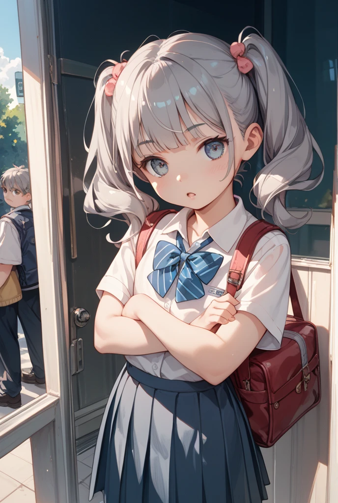 Crowded train、One pretty woman、Many passengers、Best image quality、High resolution、masterpiece、super high quality、Lori、Girl ,Silver Hair, Bright Blue Eyes, Mid-chest,Red bow tie, Dark blue pleated skirt, Long sleeve shirt, Dark Blue Vest、Blushing、4K quality、Reached 、、Heavy breathing、From directly below、From directly below、1 personの女の子, Raise your arms, 1 person, {{{The guy put his hand on the girl's crotch}}}, Inside the train, Crowded, Crying face、（Affirmative prompts）
(1 Girl)++, (masterpiece)+++, (Highest quality)+++, (Super cute)+++, , (Roll up your shirt), Out of place  ,arched back, Crowded train,  (Many men standing behind a girl )++, Dynamic pose, Dynamic hand movements, (Grab your chest)+++, A man grabs a woman's arm , (Hands frying), (Floating Hand), (Grab ),