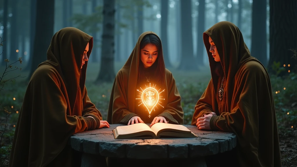 arafed group of people sitting in a circle in the woods, ritual in a forest, summoning circle, circle of the crone, forest ritual, in a circle, political meeting in the woods, people facing fire circle, home wicca scene, fairy circle, tarot card enviroment, dnd in a dark forest, mystical setting