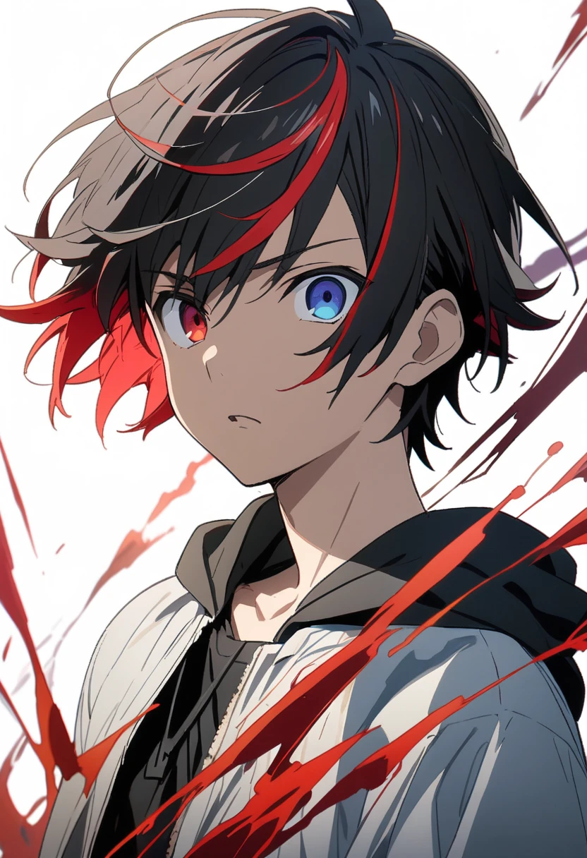 [(WHITE BACKGROUND:1.5),::5], ((((masterpiece)))), high quality, ultra very high resolution, full color, (((solo))), ((little boy)), black hair, ((red streaked hair)), blue eyes, anime, ((upper body)), neon light, black parka, (flame effect:1.2), (blood effect:1.6)