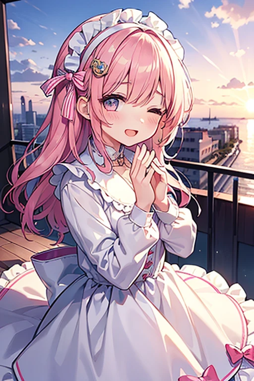 mika_bluearchive, 1girl, mika \(blue archive\), solo, scrunchie, wings, pink hair, wrist scrunchie, looking at viewer, flower, dress, hair ornament, long hair, head rest, yellow eyes, white dress, night, sleeveless, white pantyhose, hair bun, sleeveless dress, single side bun, hair flower, sitting, window, white wings, halo, blush, bangs, crescent, low wings, frilled dress, potted plant, indoors, angel wings, star \(sky\), sky, frills, night sky, pantyhose, blurry background, very aesthetic, absurdres
