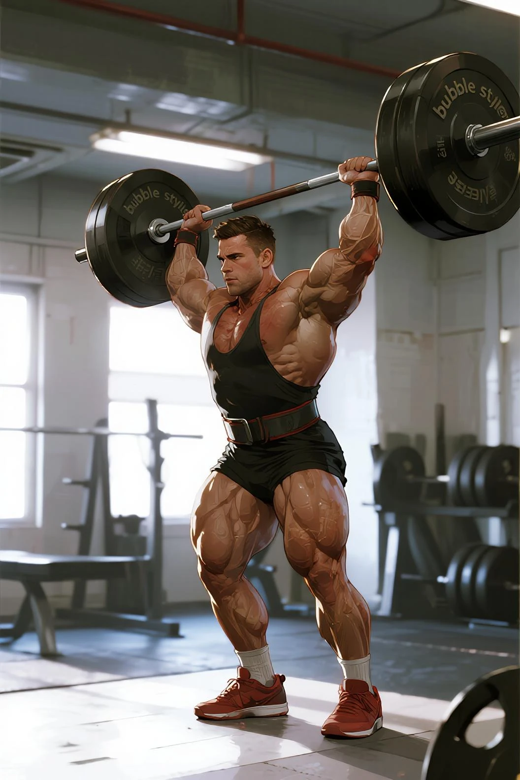 A 600lbs bodybuilder's  flex back and big  with underpants, lift on a dumbell with Showering shaving foam