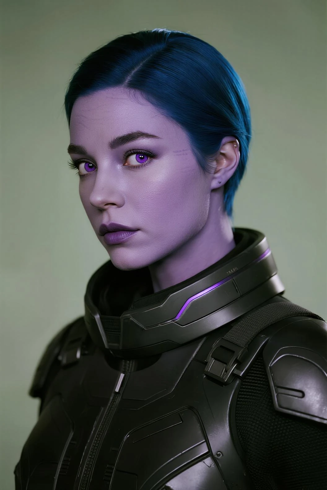 a beautiful 18 year old girl with bionic implants, green eyes (very intense and sweet), (deep purple hair), skin as white as snow, super sexy, extreme realism, (hdr), detailed face, intricate mechanical details, enhancements bright cybernetics, dynamic pose, dramatic lighting, cinematic composition, photorealistic, 8k, masterpiece, posing with sideways face with a sexy smile, matrix background.
