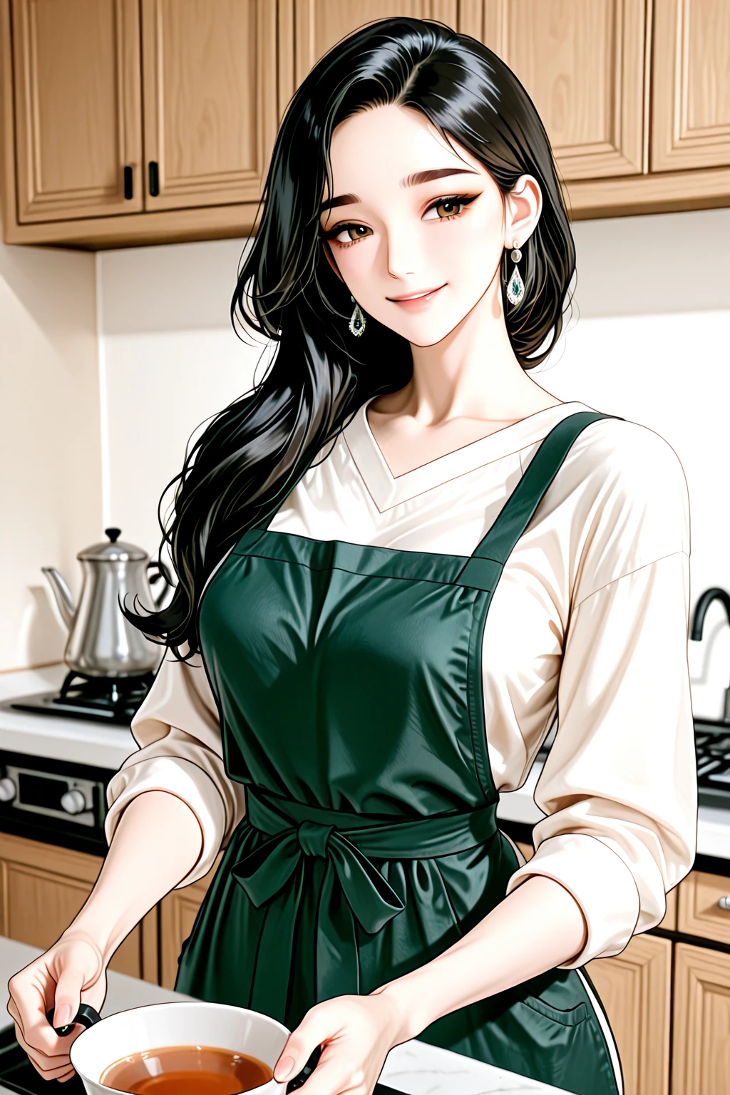masterpiece, Highest quality, 8K, Official Art, Cinematic Light, Ultra-high resolution, Close-up photo of the face、One mature woman,  mother, Earrings, Long Hair, View your viewers, hoop Earrings, Brown Hair, Brown eyes, Brown background, White T-shirt BREAK Green apron、, Red lips、Hair pulled back tightly、