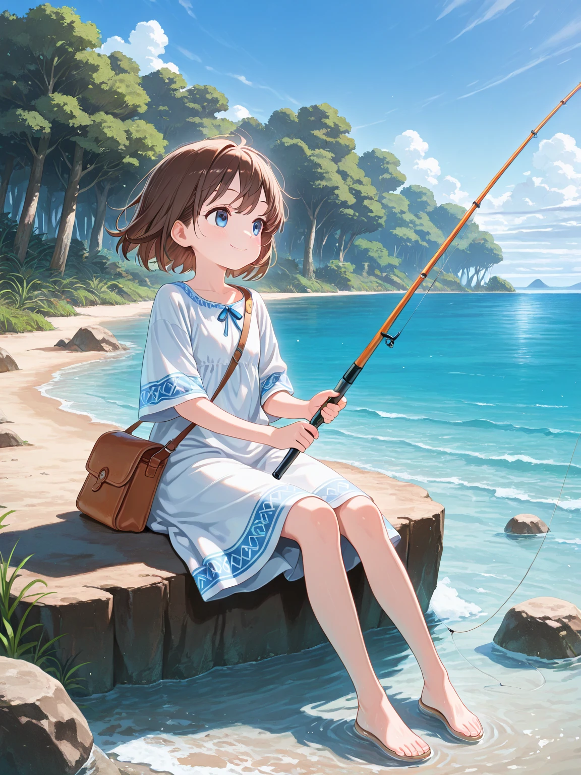 (((have a fishing rod and reel by the lakeside:1.1))),((Best quality, Masterpiece :1.3)),1 japanese mature female,black hair, longeyelashes, solid circle eyes, light smile, drop shadow, atmospheric perspective, 8k, super detail, ccurate, best quality, middle breasts,black jacket, Black T-shirt ,navy blue jeans,