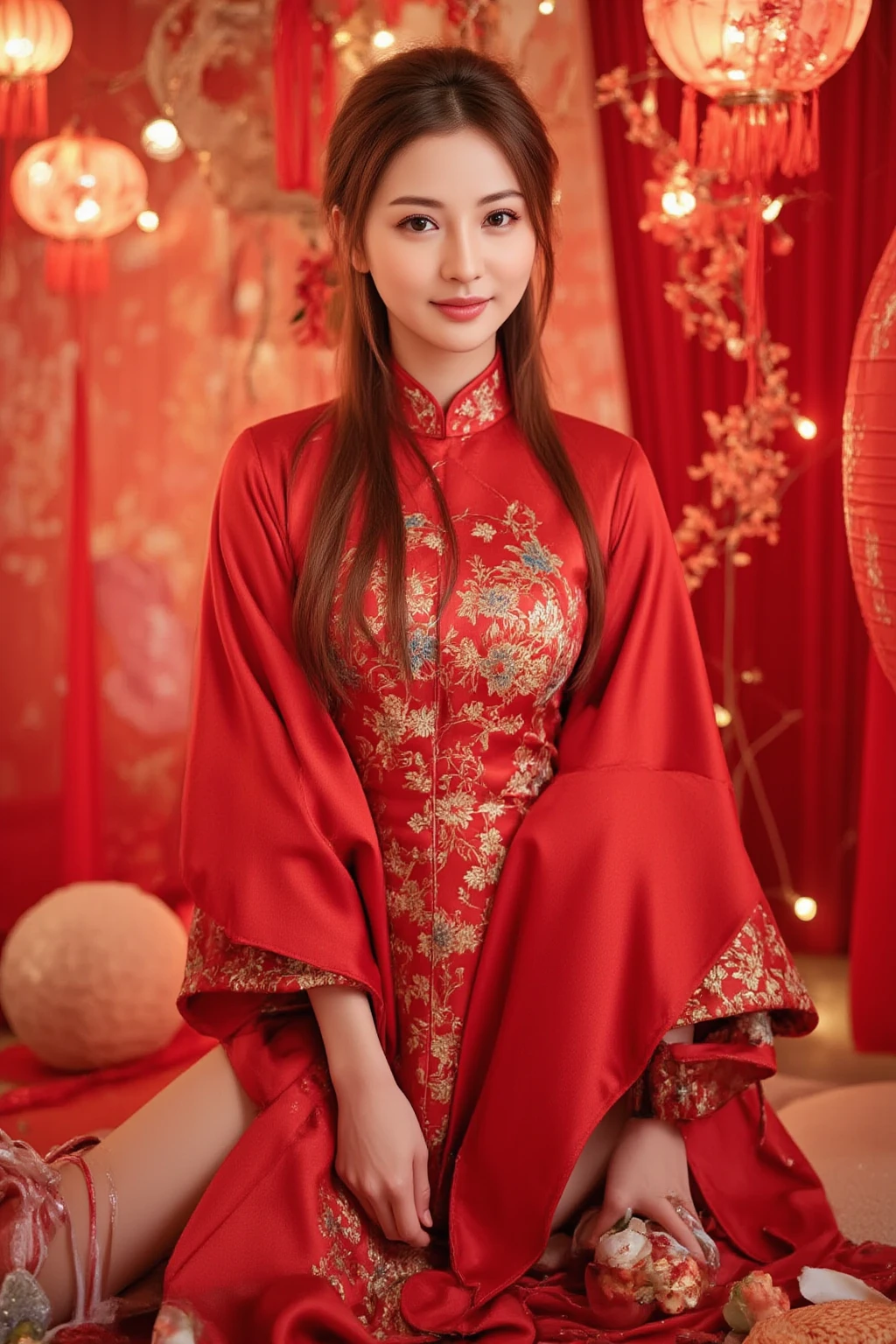 (8K、Raw photography、top-quality、​masterpiece:1.2)、(realisitic、Photorealsitic:1.37)、ultra-detailliert、超A high resolution、女の子1人、(Yui Aragaki), 、see the beholder、beautifull detailed face、(eye smile、blush)、Constriction)、(Slim waist)、(((wearing a red cheongsam、 sexy chinese traditional dress)))、Beautiful detailed skin、Skin Texture、Floating hair、Professional Lighting、sexy posing、smile、(on bed、in bedroom、hotel room、at night)、(((flat chest)))、Whole human body、Brown hair、