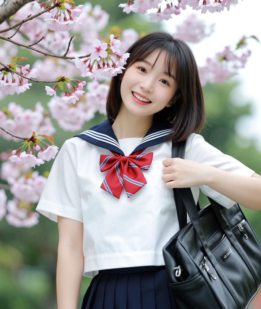8K、RAW Photos、Highest quality、Super detailed、Super Resolution、Ultra HD、8K壁紙、Amazingly detailed rural landscape、The tracks continue、Walking along the tracks、(Sailor suit),smile、sun、School bag
