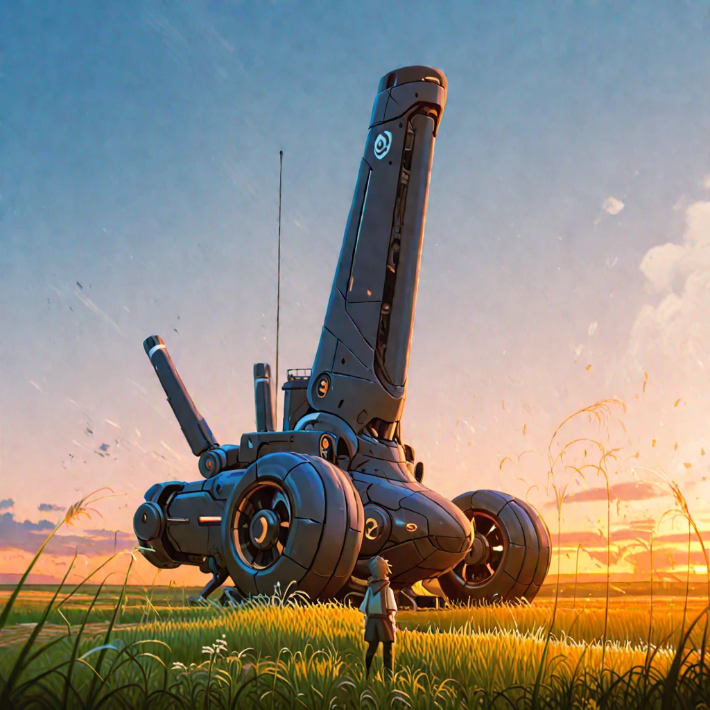 Concept art. Medium shot. A skinny 50-year-old woman standing, hands on , in brown shorts, shirt, and boots, standing next to a squat cargo spaceship, sitting in a clearing, in a derelict alien town with mushrooms and fungi.
