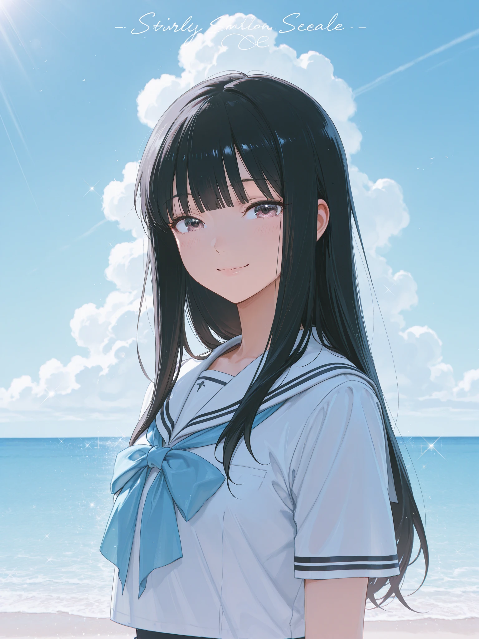 (Photorealistic:1.4)、(15-year-old:1.5),(masterpiece、spot light:1.2、Exquisite beautiful eye:1.5,portlate),(kind eyes、tareme:1.9),(Close-up of face:1.5,face focus:1.5)、(Cute Face、 3D Face)、(black hair:1.5)、(middle hair:1.5),(sidelock :1.5),(blunt bangs:1.3),(1  school girl)、(aqua eyes:1.2)、(upper body:1.5)、(Open mouth happy smile:1.5)),(closed eyes:1.5))、(Hair blowing sideways in the wind:1.4),(Hands in hair1.7)、,(Hands in hair1.7)(head tilt) ,(),(flat chest),(),(school sailor uniform:1.5),(Park with an ocean view background:1.5)、()、(serafuku)、Slim Body(),Shiny Hair、girl、zydG