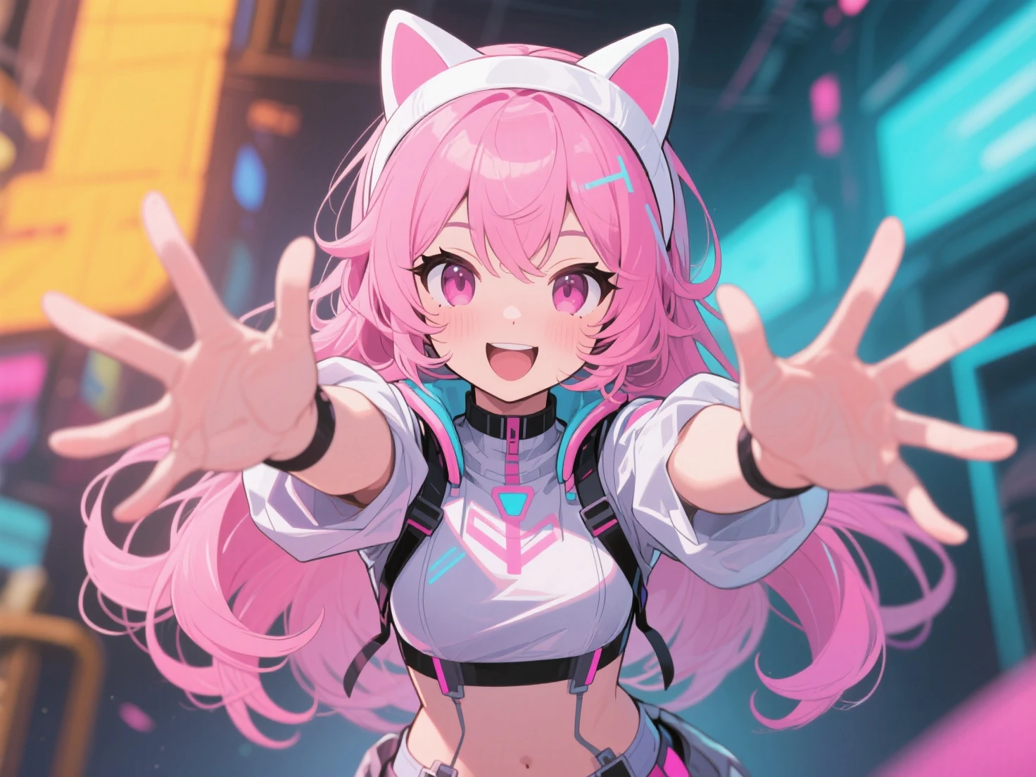1 woman, waifu , angry, smile challenging, long hair blonde with hair highlights pink, blue and pink eyes, green, pink and white clothes, kawaii,