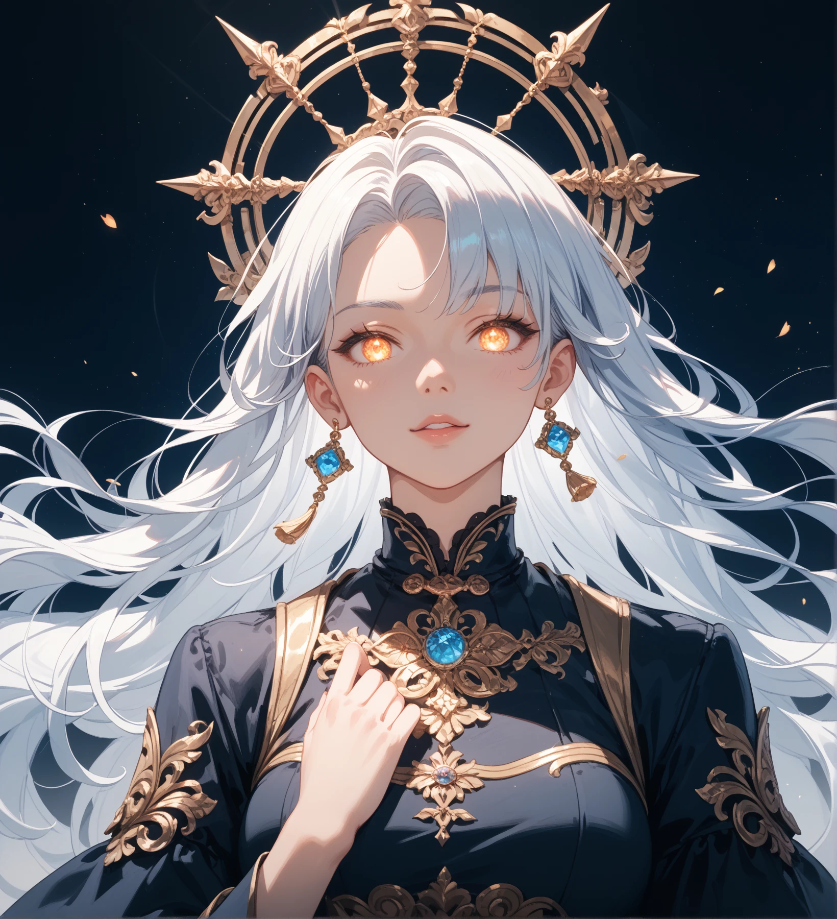 Goddess of the Stars, Perfect woman, ( Pale skin, Slim, Gray eyes, Long hair, Beauty mark), dress, Gold and rope accessories,Receive light from the front, Ethereal Light, Blue petals