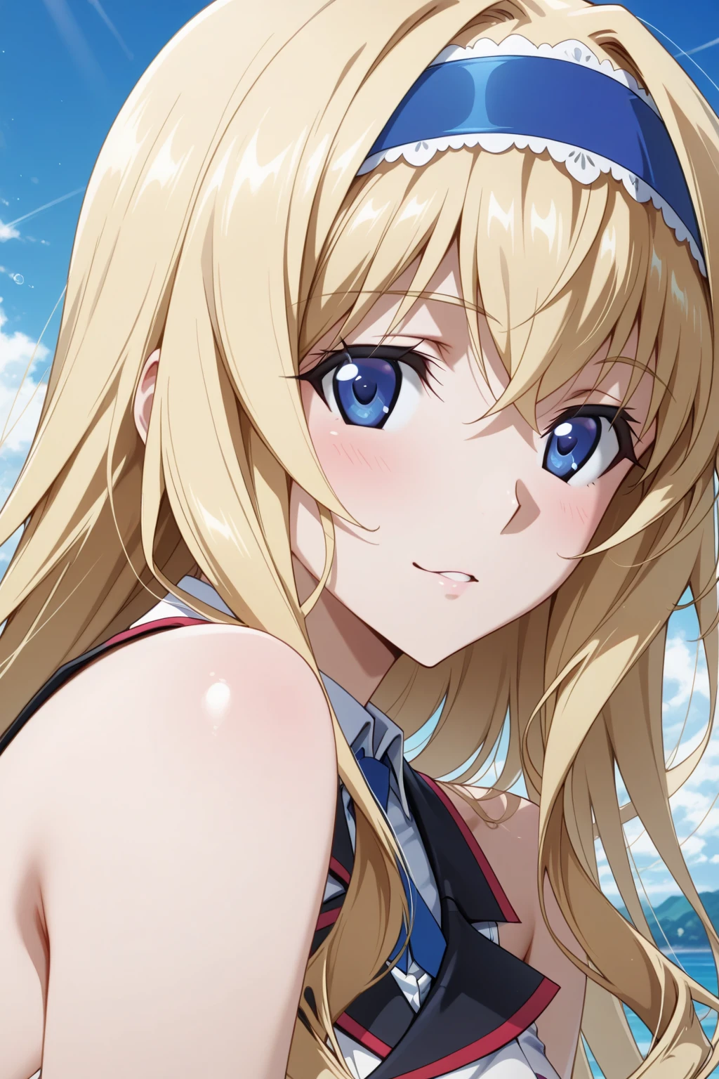 alone, One girl, View your viewers, smile, RO500, Long Hair, Hair Flower, Sunburn, One piece swimsuit, Sailor collar