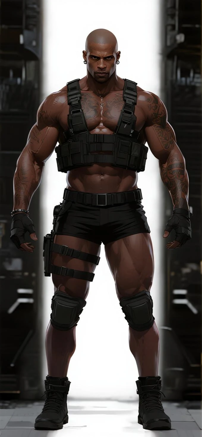 barret, dark skin male with gun  arm and tattoo, sunglasses,  ,  (( micro-:_Pattern_designs__perspire_massive pec_Get wet all over your body)) , tail around waist, (best quality, masterpiece )) , full body , black boots