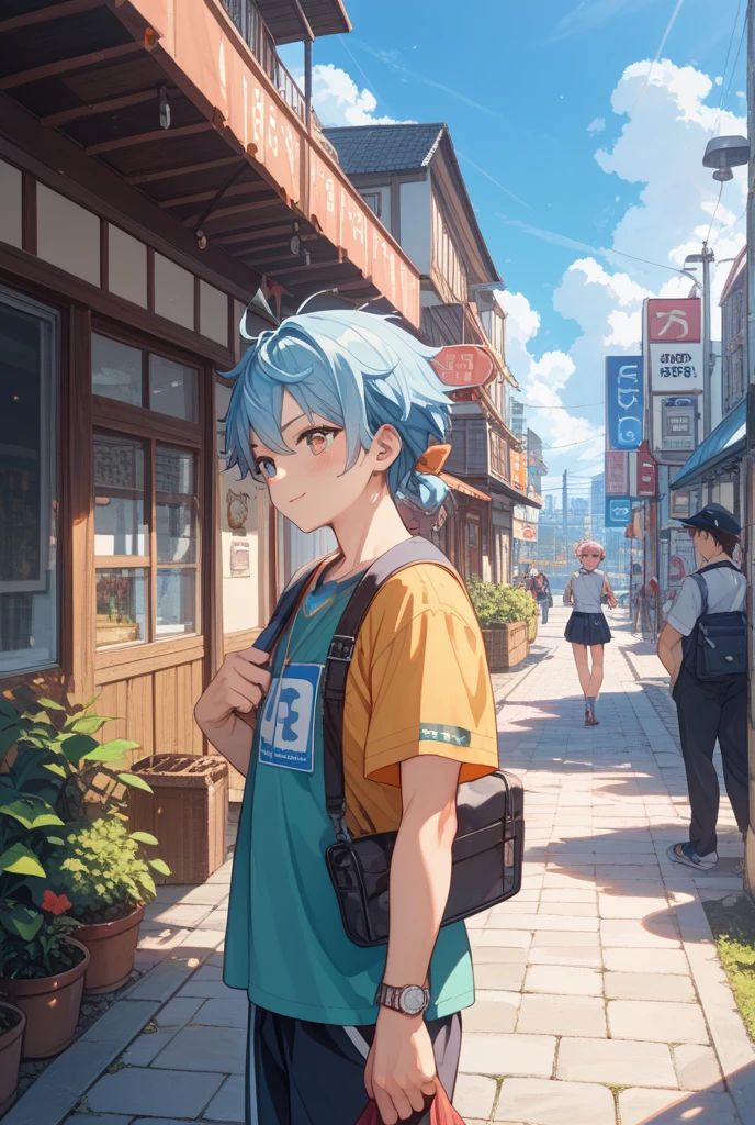 1boy,Highest quality、Masterpiece、Official Art、The best dynamic composition、Light blue hair color、Boys are high school students、Entrance Ceremony、、sneakers、Cherry blossom petals、Baby Face、Cowboy Shot、Blue and white checked backpack、gakuran,