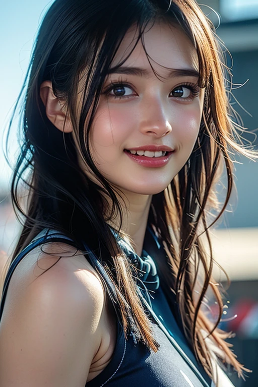 highest quality, masterpiece, ultra high resolution, (realistic:1.4), (close portrait) Raw photo, 1 girl, high school girl,  masterpiece, realistic pictures, japanese pictures, fuji negative film, saturation, contrast, Pocari Sweat Advertisement ((small )),((smiling showing teeth)),Ponytail and scrunchie,((Disneyland)),