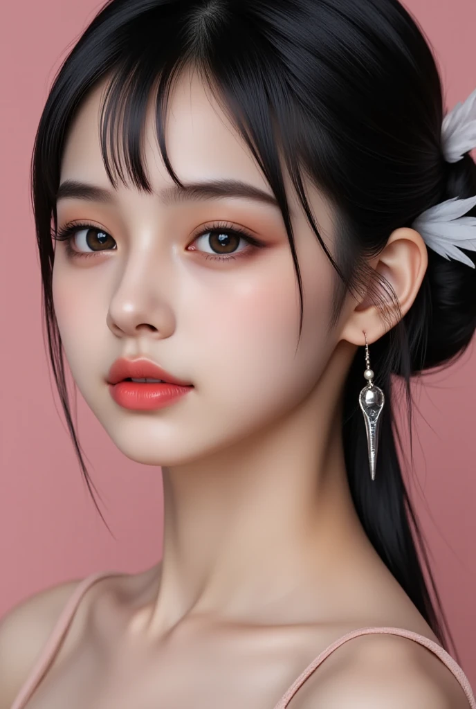 Narrow eyes, 1 girl, all white, expressionless, short hair, short hair, forehead, relief, black hair, short hair, solo, cowgirl,  one-piece, ((voluptuous breasts)), narrow slit eyes, black eyes, sparkling light Eyes, black hair, gloves, , luxurious jewelry, earrings, piercing eyes, elbow grooves, hands raised and hair tied back, random color mesh dress, long eye makeup, squinted eyes, smile, lipstick, complex petal pattern, Rim light, backlight, pastel color, studio lighting