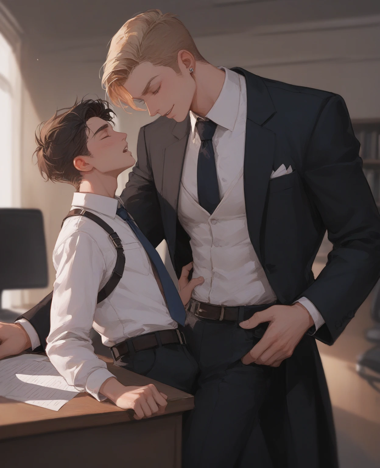best quality, masterpiece, nerdy man, (short blond hair), wearing ripped business suit and glasses,  with a chubby mature man, standing , grab breast, grab hair, , projectile , looking back, gasping for air, blushing, sexy, gay, homoerotic, in dark office, ambient lighting, extremely dramatic shadows, side view, perfection, no watermark, no logo, no signature