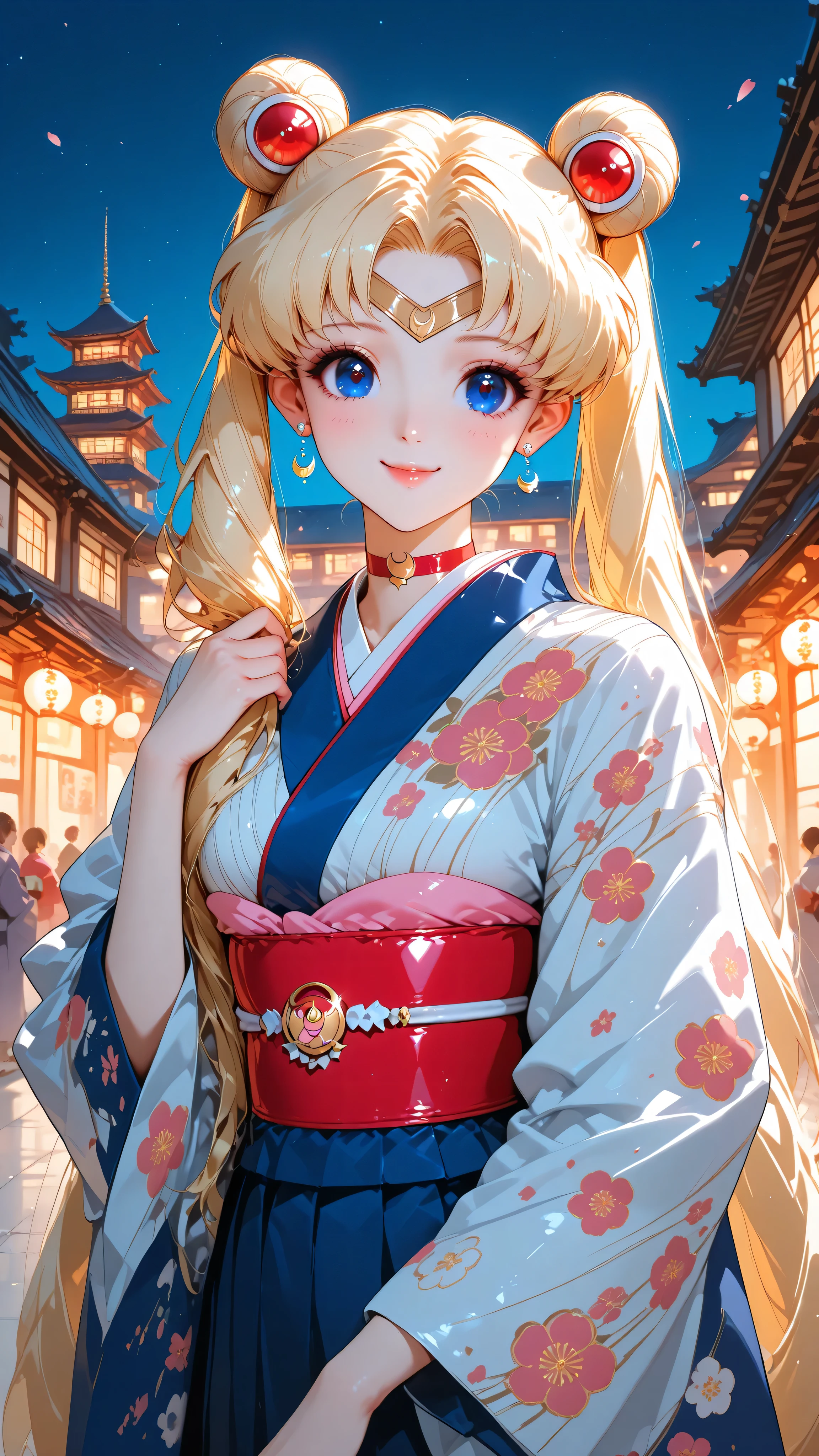 ((One personの女性)), Beautiful Face, (Laughing embarrassedly), ((smirk:1.1)), ((Wink:1.3)), (head tilt:1.3), Laugh with your mouth wide open, upper teeth, looking at viewer, ((Bright red cheeks:1.2)),Glossy Red Lips, evening, Shrine festival stalls, Glossy red lips, Shining Face, ((Anime style background)),masterpiece, Highest quality, so beautiful,up to date, Complex details, (Pink long nails), (nail art), (ring),(bracelet), (helix piercing:1.6), (Floral choker),AI-generated, Complex,High resolution, Highest quality, super high quality,3D Images、3D Images,One person,Blonde long hair,(High Ponytail), (wavy hair), Anime woman posing for a photo, ((Fine grain、Lightly pigmented blue eyes、Shining Eyes:1.3)), (Squint your eyes:1.1),a hyperRealistic , hyperRealistic , Realistic,Long and blonde anime woman, Smooth anime CG art, Pink large floral patternの刺繍が入った、Woman in luxurious kimono, (White long sleeve kimono),(Pink large floral pattern) ,Long flower hair ornament,Earrings,Mature Body,(:1.1),Tall,Abdominal muscles,Tight waist, ( making a peace sign), (front view),