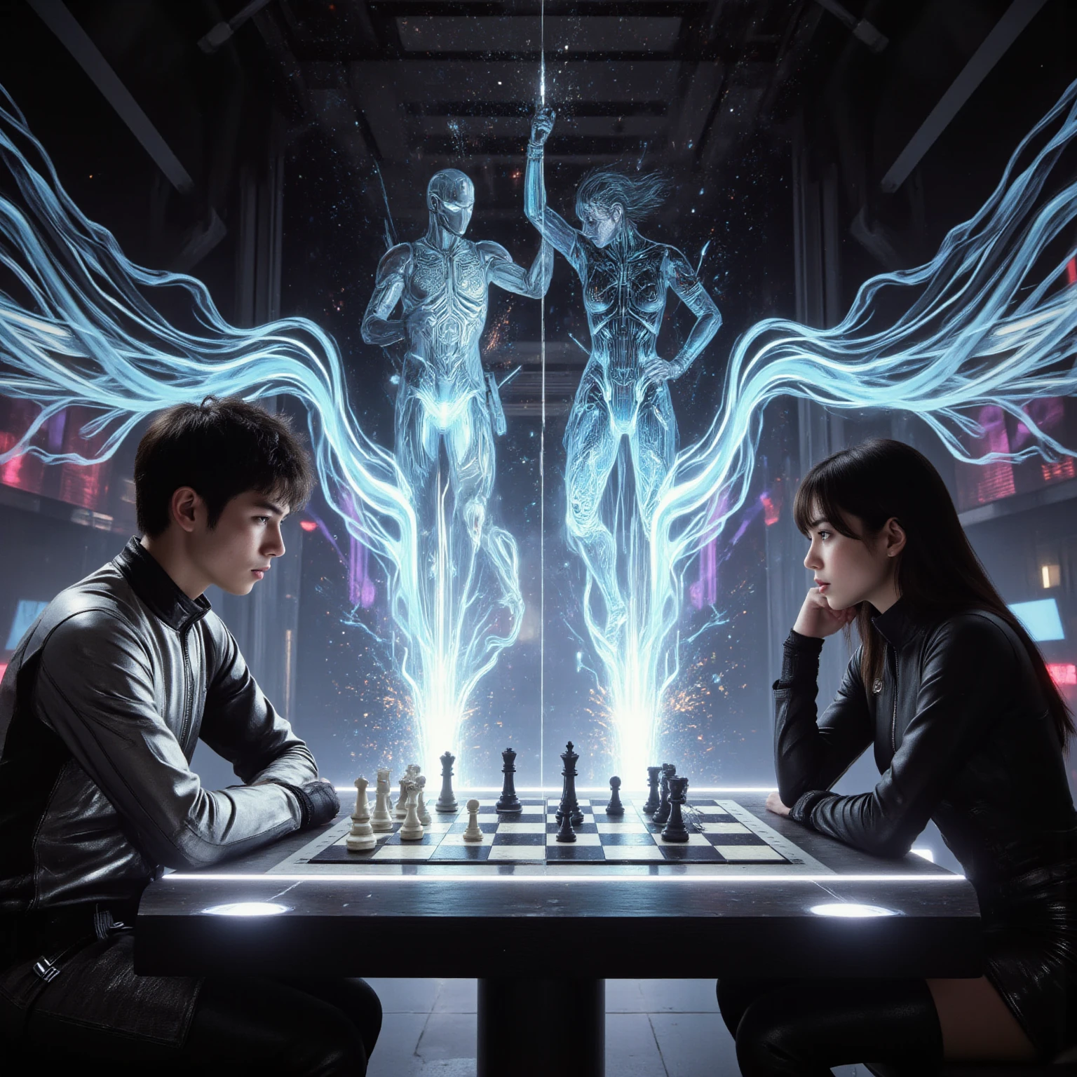 (2 males, empty background, chessboard floor, human chess, black pawn kills white king, males in  bodysuits representing their respective chesspieces:1.5)