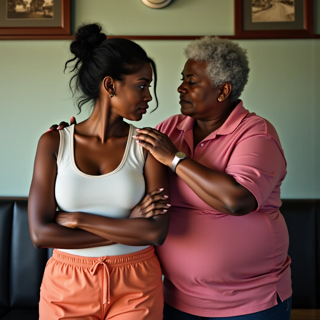 Create a photo of a 30 year old young white woman, with a slender and beautiful body, with hoop earrings, wearing jeans and an open white shirt without a  with  , with white and clear skin, with long light hair and being picked up and carried in the arms of a 90 year old elderly black lady, obese woman who has dark black skin and is wearing a blue dress and glasses
