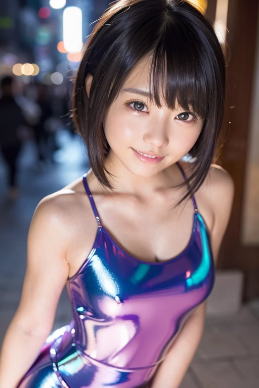 1 girl, (Wearing colorful stage costumes:1.2), Very beautiful Japanese idol portraits, Face close-up, (RAW Photos, highest quality), (Realistic, Realistic:1.4), (masterpiece), Very delicate and beautiful, Very detailed, 2k wallpaper, wonderful, finely, Very detailed CG Unity 8K wallpaper, Very detailed, High resolution, Soft Light, Beautiful detailed girl, Very detailed目と顔, Beautiful and sophisticated nose, Finely beautiful eyes, Cinema Lighting, (Simple light color background:1.3), (short hair), (Bob), Complete , Slender body, Small , smile