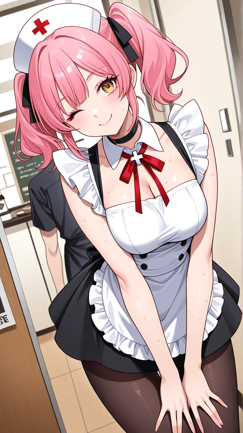 young girl with pink hair long twin-tail hairstyle, small thick eyebrows, with gothic lolita clothes,  (Zankuro) drawing style of the zankuro artist, Zancrow style, image uploaded to R34, walking in the mall, flirty smile , suddenly  in public,   , ((public  in restaurant))
