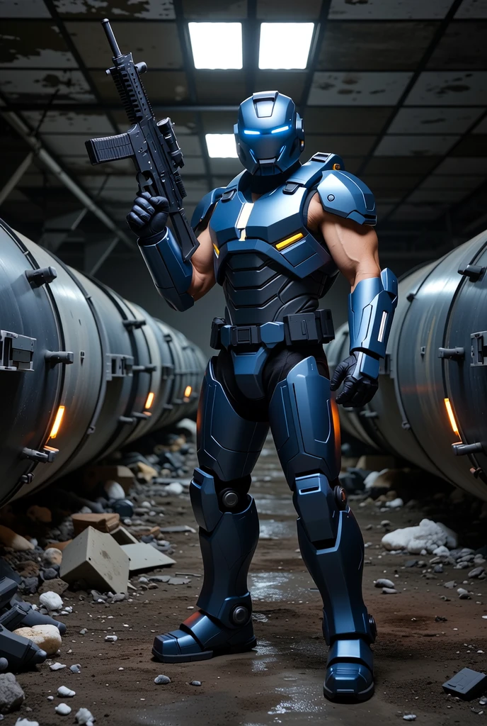 arafed man in a helmet and leather straps holding a gun, sci - fi armour! muscular, muscular! cyberpunk, muscular!! sci-fi, cyberpunk gladiator, cyborg fashion shot, armored, attractive beefy male with armor, futuristic armor, armored warrior, [ rigidly defined abs ]!!, heroic masculine pose, with futuristic gear and helmet