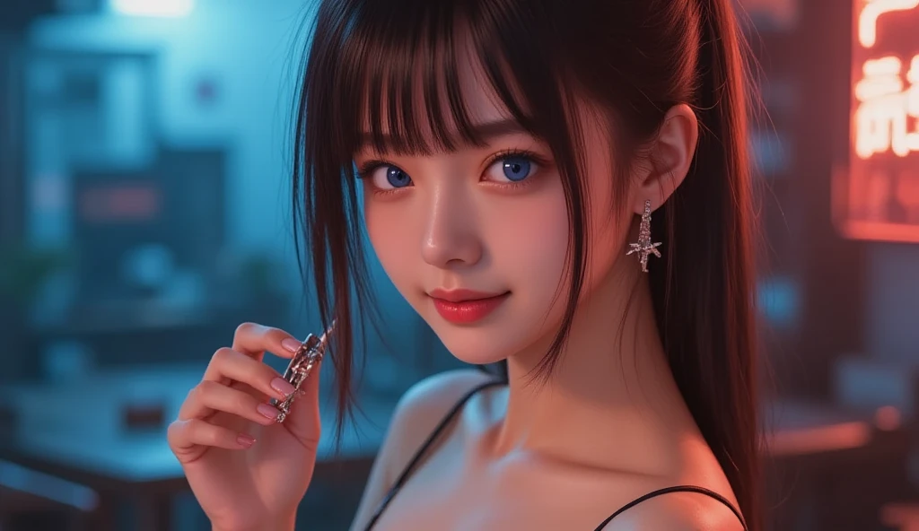 high quality, High resolution, masterpiece, completion, detailed.impressive, Cutting-edge female photography portraits, Showcasing a bold and daring street-art style. Facing forward、A gentle smile、Soft look, cyan, and purple, Her vibrant makeup really catches the eye.. Her colorful hair is tied up high, The contrast with the modern chain top is striking., Blue and pink hues in harmony. 背景には蛍光クロムイーand purpleの魅惑的なグラデーションが施されています, Blends seamlessly with the dynamic colors of your subject. This powerful combination of hyper-detailed realism and artistic expression creates a vivid, An unforgettable image. The New York Times background adds sophistication and depth.