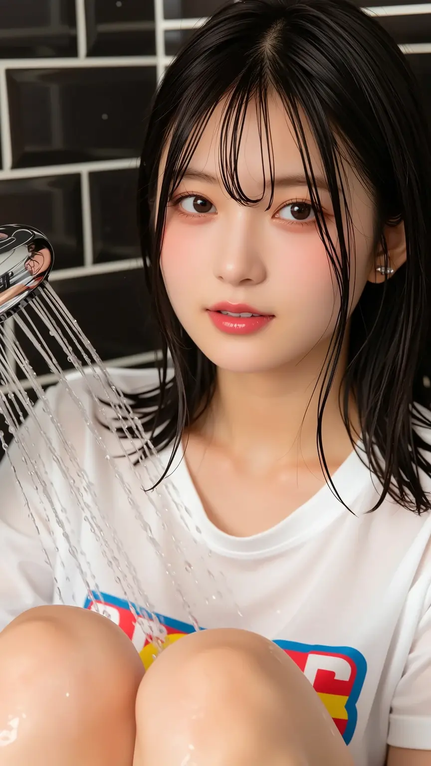 (High resolution:1.3), (16k, Photorealistic, Raw photo, Best image quality: 1.4), Japanese, (One Girl), Beautiful Face, (A vivid face), (Black-haired、short hair:1.3), Beautiful Hairstyles, Realistic eyes, Beautifully detailed eyes, (Realistic Skin), Beautiful skins, attractive, 超A high resolution, Surreal, High detail, Golden Ratio, Highly detailed cute girl,(20-year-old),  ((Completely )), (Taking a shower、water:1.6)