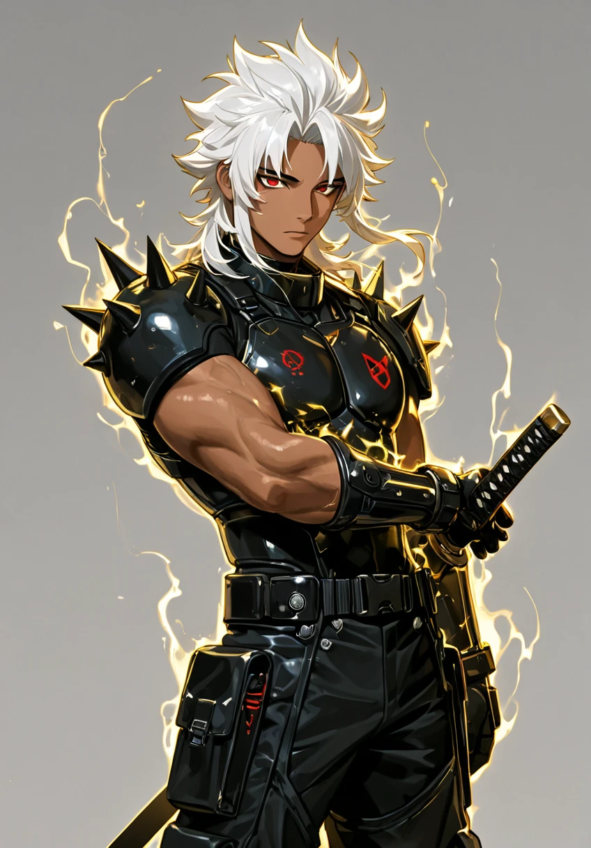 A young man with long white dreadlocks, dark skin, a melancholic expression, drooping eyelids and eyebrows, a lean face, a thin yet sturdy build, a tattered and ill-fitting light blue fantasy-style adventurer's shirt with short sleeves, revealing his abs, a silver breastplate on his left , a large sword is strapped to his back, a yellow belt, white coarse cloth trousers, stands nervously in a fantasy-style western town, this character embodies a finely crafted fantasy-style adventurer in anime style, exquisite and mature manga art style, dramatic, high definition, best quality, highres, ultra-detailed, ultra-fine painting, extremely delicate, professional, perfect body proportions, golden ratio, anatomically correct, symmetrical face, extremely detailed eyes and face, high quality eyes, creativity, RAW photo, UHD, 32k, Natural light, cinematic lighting, masterpiece--perfect, masterpiece:1.5