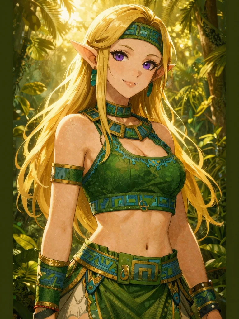 (best quality,highres:1.2),ultra-detailed,(realistic,photorealistic,photo-realistic:1.37),Zelda,portrait,gorgeous,expressive,beautiful detailed eyes,beautiful detailed lips,long eyelashes,wind blowing her hair,goddess-like figure,confident and elegant pose,delicate jewelry,hint of mystery,magical atmosphere,vibrant colors,golden lighting,Zelda's radiant smile,enchanting background,artistic oil painting style,HDR,UHD,extreme detail description,physically-based rendering,lush garden,splendid flowers,whispering leaves,earthy colors,soft sunlight pouring through the trees,immaculate garden pond,reflection of Zelda's beauty,serene and tranquil ambiance
