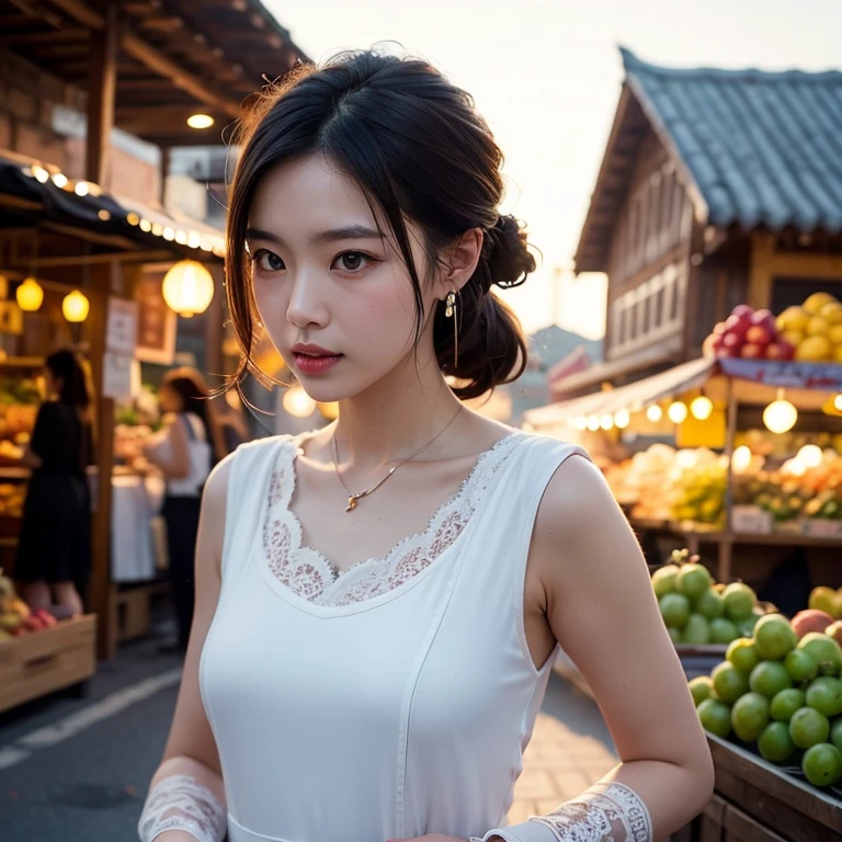 (((best quality))),(((ultra detailed))),(((masterpiece))),illustration,1girl,slim,sun-kissed skin,vibrant rose-pink cotton dress,short ponytail,flat ,pantyhose,bustling city streets, honking cars,surrounded by crowded crowds, colorful advertisements, street food vendor, grilled skewers, spicy sauce, enjoying sights and sounds,(darkened black skin:1.5),upper body