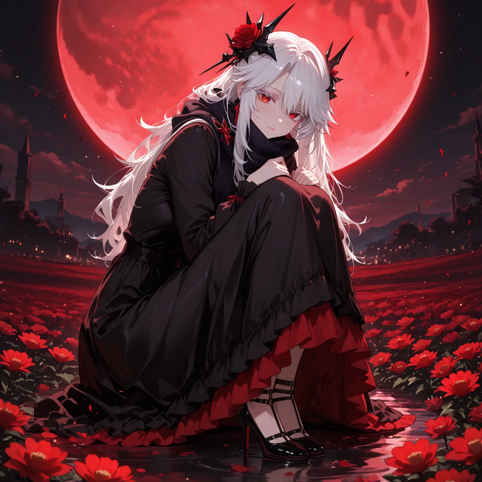 ((tmasterpiece:1.4, Best quality))+, (ultra - detailed)+,(Ultra-detailed eyes)+,
(Cute 1girl),15year old,(Scarlet eyes:1.15),silber hair, Very long hair,messy hair,(wariza:1.2),pale-skinned,shut up,sad,
(She  wearing a black and red robe:1.5),(flatchest:1.2),(noble lolita dress:1.4),(bright red clothes:1.2),(Surrounded by bats:1.4),
(be desperate:1.3),Gothic,
(Fukado:1.3),leafs,(Vine tree:1.1),
(bloody moon:1.2),red colour,
(Heavy monochrome:1.16),(depth of fields:1.4),