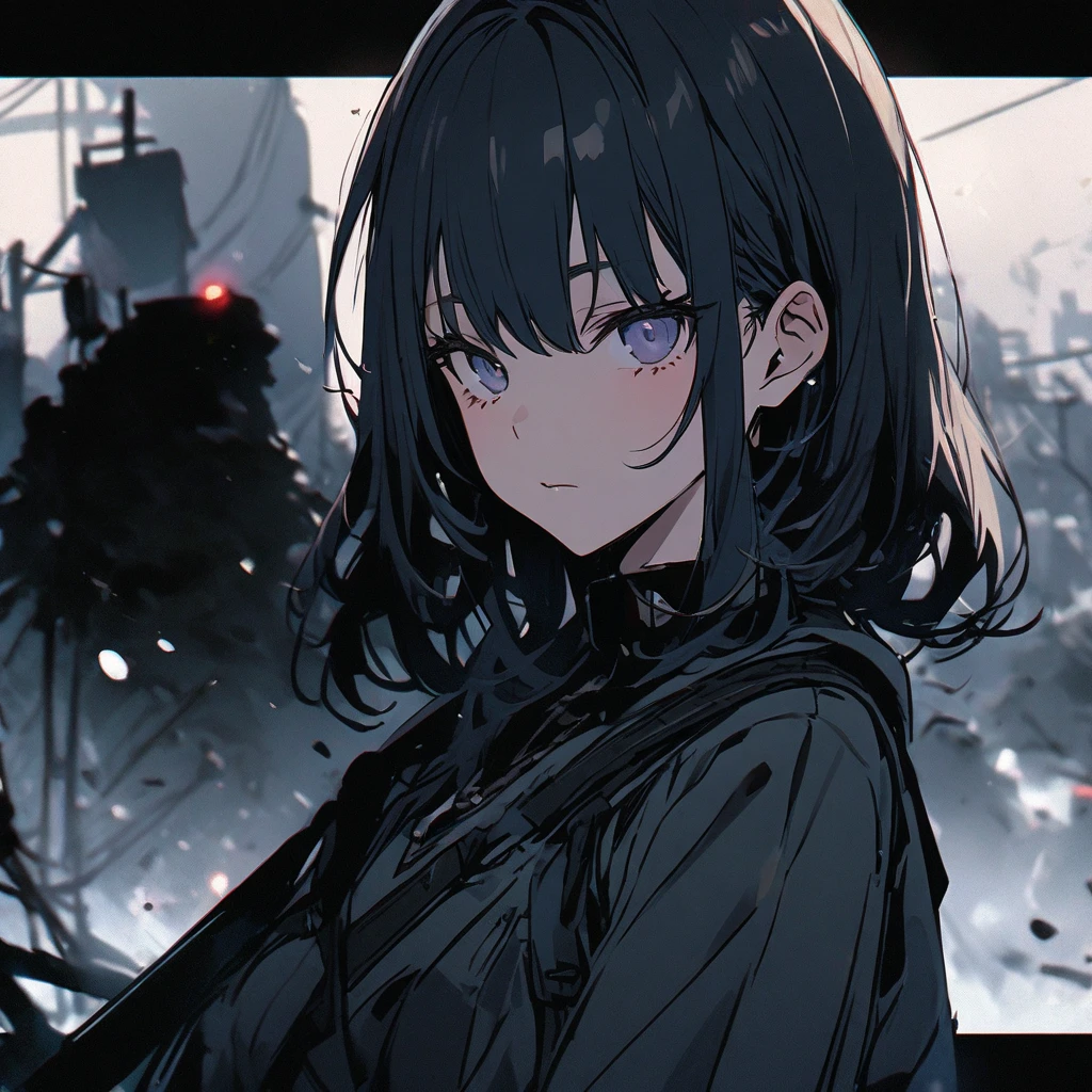 （only one person），Dark sky，heavy rain，lightning，dark clouds，(Battle damage机甲，Battle damage)，Leather，Long hair