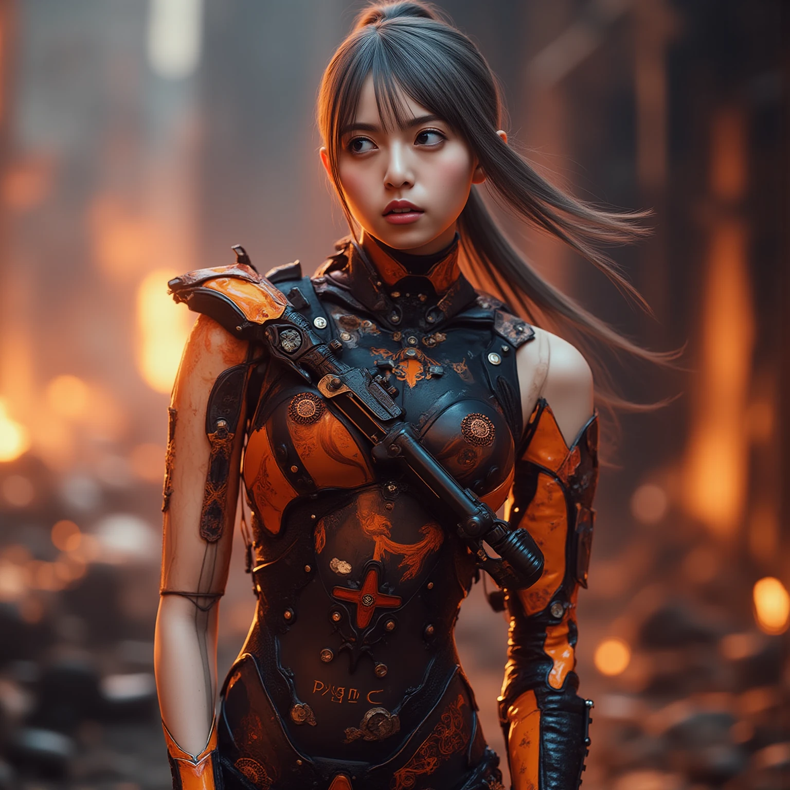 Hyper-realistic Athletic and toned female with shoulder-length black hair with orange streaks and brown eyes. She is an explosives expert, skilled in demolition, engineering, gadget creation, and hand-to-hand combat, The Costume consists of a black armored suit with reinforced plating and orange lines running along the seams, a full-face mask with a digital display in black with glowing orange accents, a black hood with an orange interior and tactical enhancements, and weapons including small explosive devices and a high-tech crossbow in black and orange, Geographic Data in Detailed Hyper-Realism Photoshoot Style