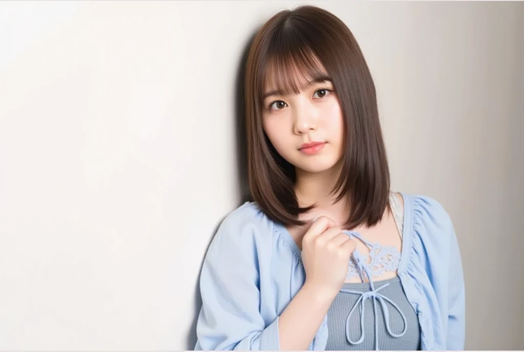 Tabletop, Highest quality, figure, Super detailed, In detail, High resolution, 8k wallpaper, Perfect dynamic composition, Beautiful attention to detail, Short-sleeved T-shirt,Medium Hair,Small  Natural color Lips, Bold  pose,smile,Harajuku、20-year-old girl、cute、 shot looking at camera,Narrow Face,Perfect beautiful face and fingers