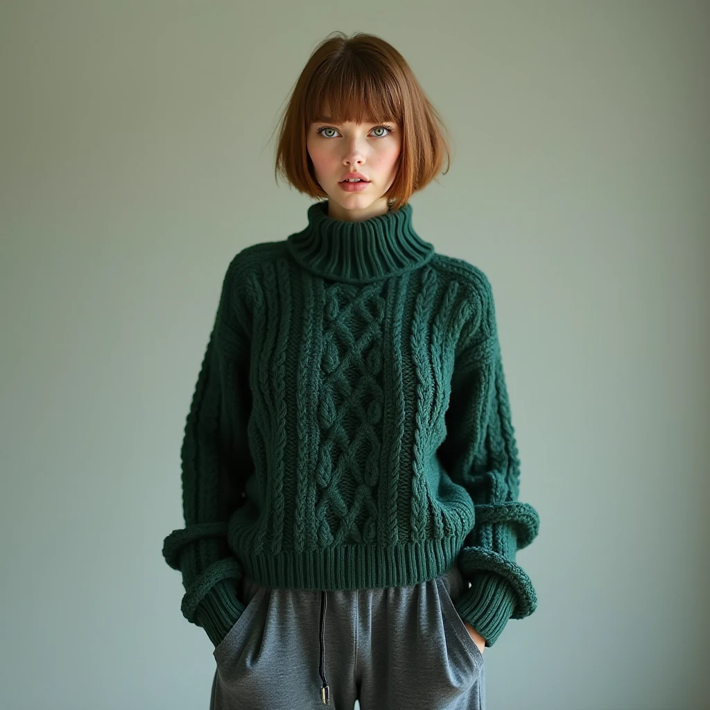 Twenty year old woman, wavy brown hair tied in a low ponytail, blue eyes, calm look, freckles on cheeks and long eyelashes, wear a green sweater and jeans, black boots. They see her attractive and mature. She is standing in a dark, spooky forest at night in front of an old-fashioned brown door with plants on its edges., A strong light emanated from the door from its holes and lock..