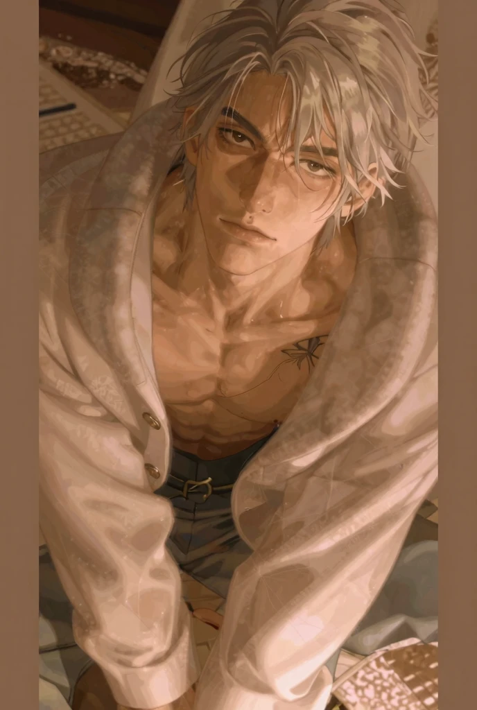 4K, high resolution, Best quality, Masterpiece, perfect colors, perfectly shaded, Perfect lighting, posted on e621, (by Chunie), anthro, ((Portrait)), （（Handsome man））, perfect male figure, short detailed hair，Wear men's shorts,Abusculature,chest muscle，Abs， upper body，Detailed face, Perfect face, (The stands up), Detailed background, ((Bonifasko lighting)), (Detailed eyes), perfect pupils，（(Silver-gray skin）)