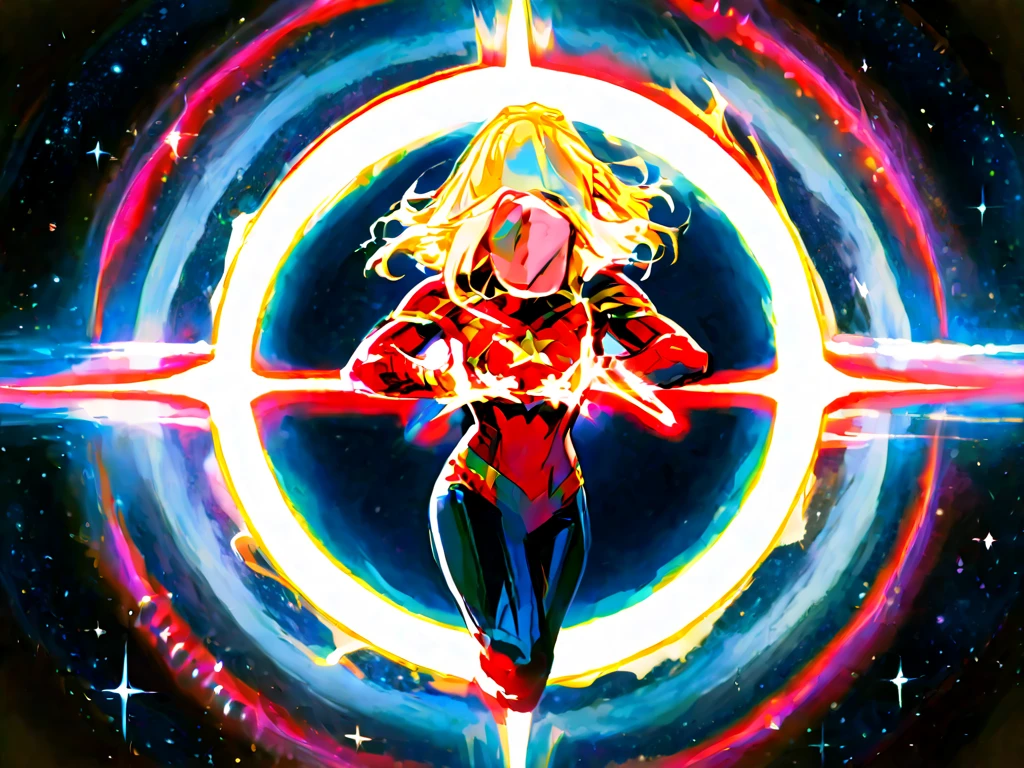 best quality, masterpiece, highres, solo, solo focus, 1lady, semi-realistic, floating, legs straight, standing on one leg, blonde hair, blue eyes, beautiful detailed eyes, beautiful detailed face, (perfect hands), sexy us military officer, dressed in a green and white leotard, outer space backdrop, neon edge lighting, highly detailed, professional,  legs, matching boots, ankle-high boots, full body shot, medium hair, hair down, crossed arms, (spins fast) in place like a (tornado), (spins) into a (cyclone). (dynamic spinning pose), spiral lines, diffraction spikes, light particles, spinning energy pulse.