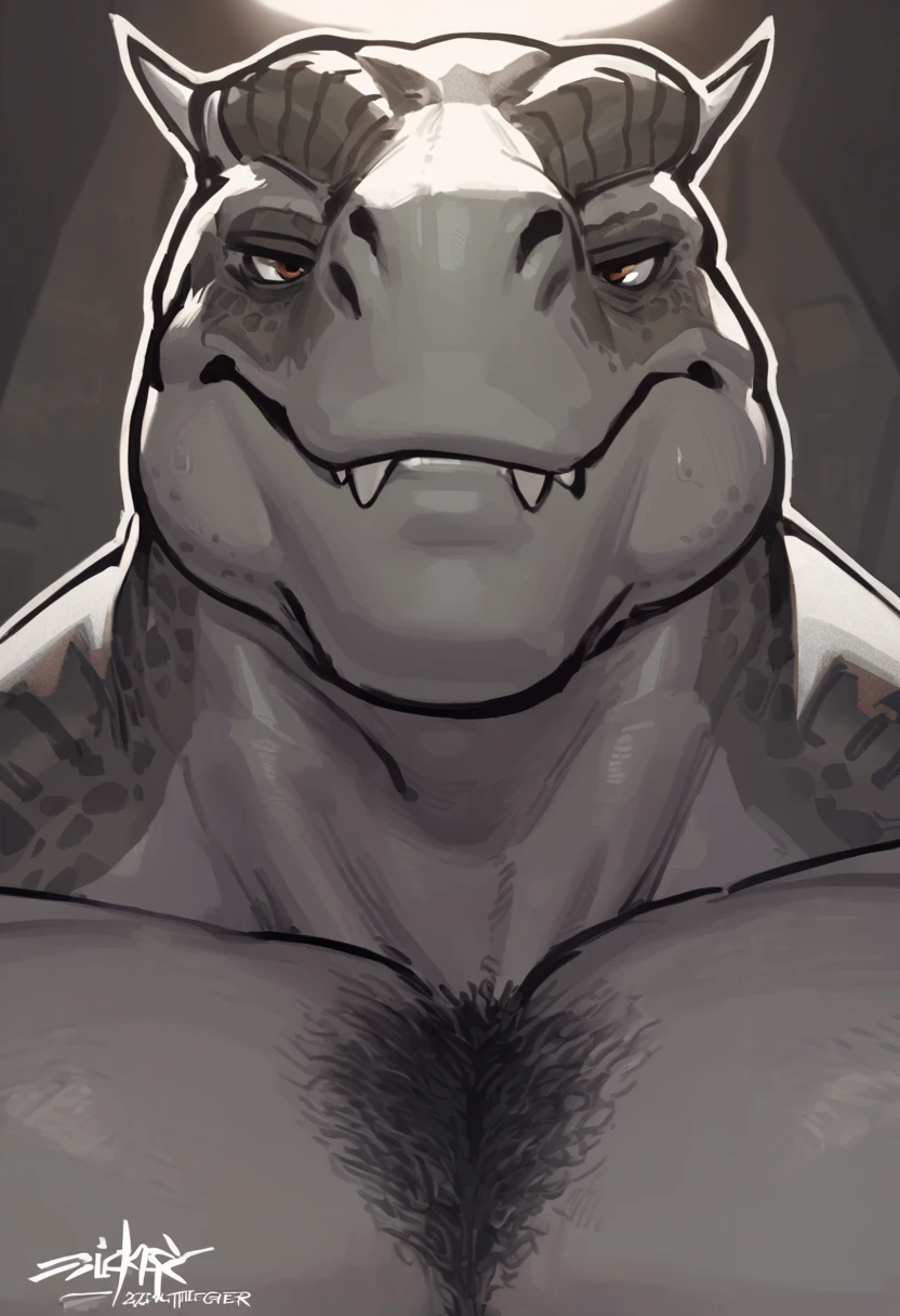 solo, male, anthro, deathclaw, scalie, large chubby body build, beige cowboy hat, white t-shirt, , thick  and ,  wearing a purple , filled , look at the viewer, evil smile, low angle, focus on , by chunie, details face, detailed body