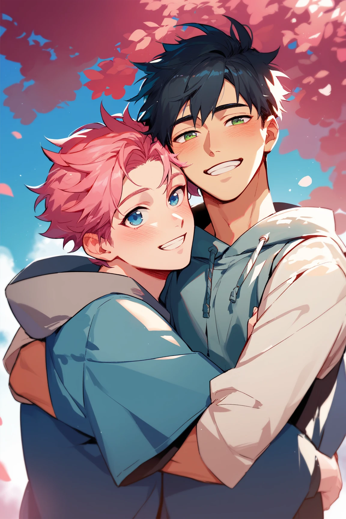 anime couple hugging each other in front of a blue sky, yaoi, author：New Art, sasoura, nick silva and ilya kuvshinov, akehiko inoue and ross tran, two anime handsome men, Cute boys, author：Shitao, author：Ei-Q, kissing together cutely, zerochan, author：Kikukawa Sakaeyama
