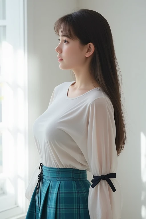 There is a beautiful woman. She is a stunning beauty, half French and half Japanese. Her face is incredibly beautiful, with beautiful blue eyes and beautiful straight long hair, which is bright blonde. Her  expression is like a bully, frowning and puffing her cheeks, expressing her anger and dissatisfaction. Please dress her in a Japanese high , a sailor suit. The top is a white blouse, and the skirt is a gray sailor suit. The composition is a close-up from the chest up. The beautiful woman is facing straight ahead, crossing her arms under her chest, and is very angry, complaining. As for the story, the beautiful woman is in a situation where she is having a verbal fight. The background is a school classroom. Please express this.