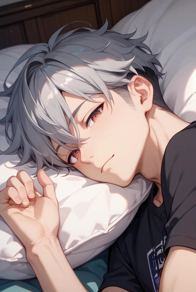 aldult.,male,good looking,(30th Generation),adult,Cool vibe,I,Silver-haired,mash,Upper Body,,Close up of,Excited,Wicked Smile,Yandere atmosphere,Light,Hotel room bed,Depth of written boundary,